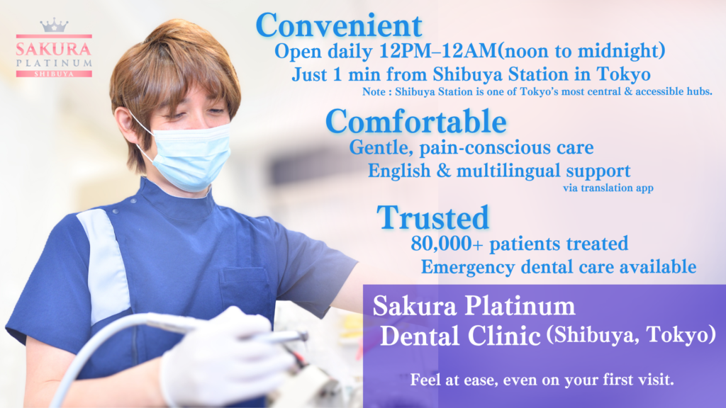 Sakura Platinum Dental Clinic – 1 min from Shibuya Station, Tokyo. Open daily (including weekends & holidays), 12 PM–5 AM. Late-night dental care available. English support via translation app. (horizontal image)